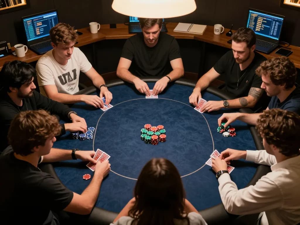 Nohu90 players strategizing on an online poker game with chips stacked and cards analyzed