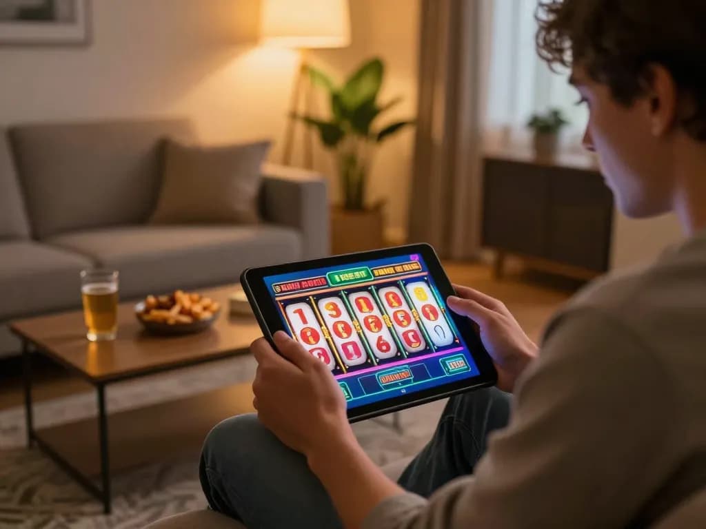 Play free spins casino bonus on an online slot game displayed on a tablet in a cozy home setting