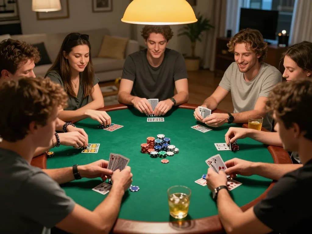 Playing poker with friends at home, showcasing an engaging australian online casino experience.
