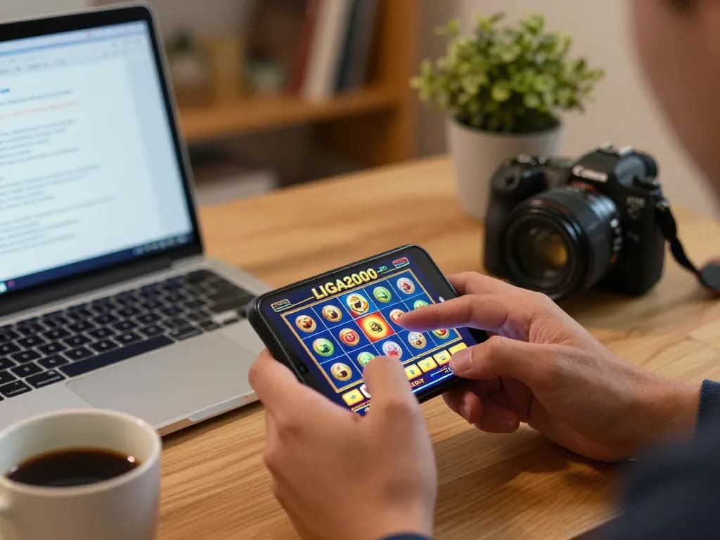 LIGA2000 mobile gaming excitement with a player engaging in slots on smartphone in a cozy home.