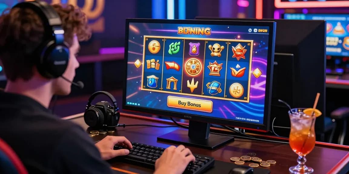 Engaged player exploring bonus buy slots uk on a vibrant online casino setup, showcasing colorful slot reels and interactive features.