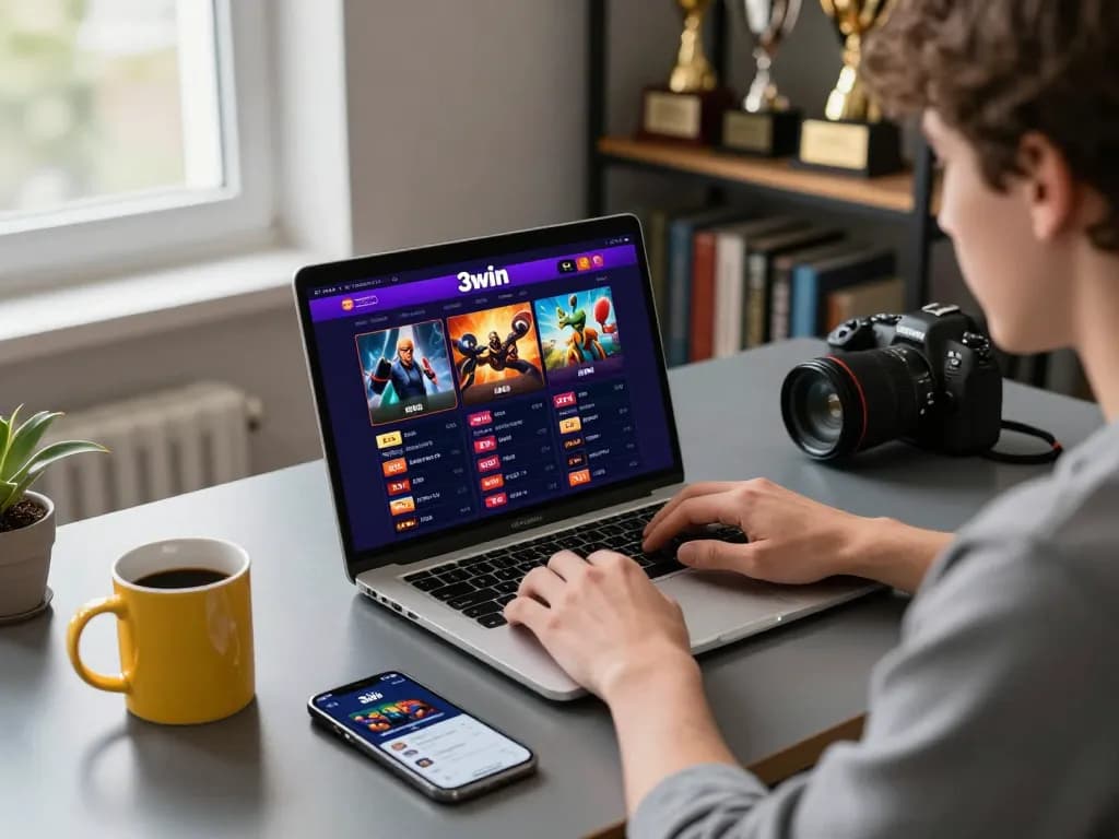 Engaged user experiencing 3win online betting platform with laptop and smartphone in vibrant workspace.