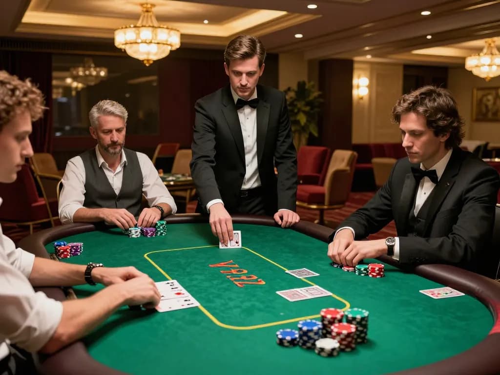 Players enjoy dynamic poker gameplay at a one88br casino table under warm chandeliers.