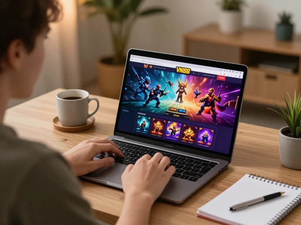 Playing casino games on the VN88 platform with a laptop in a cozy home setting