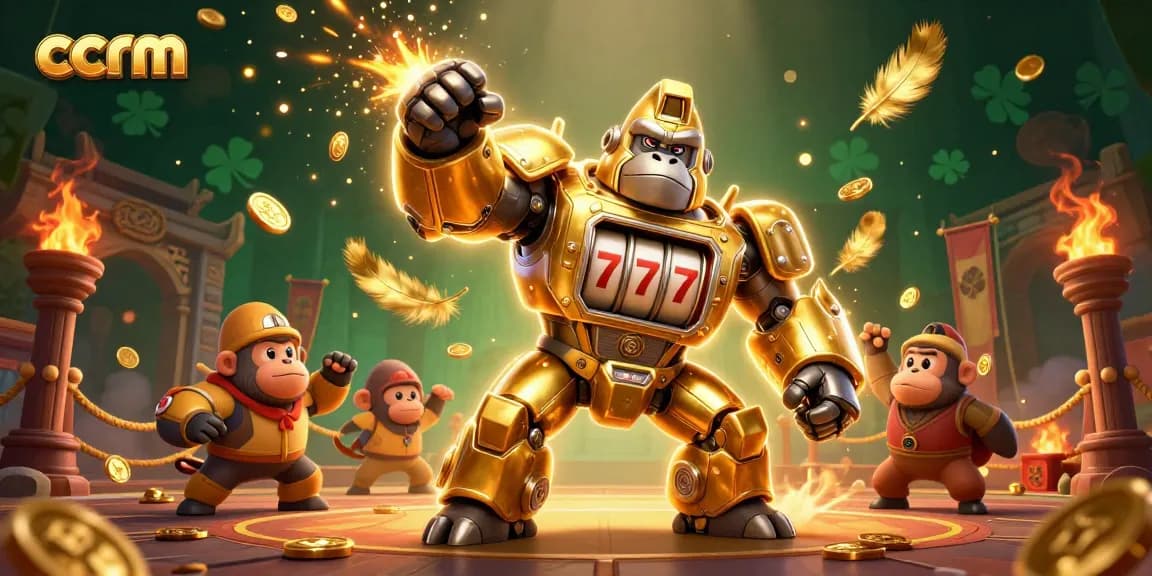 ccrm illustrates a dynamic scene of a golden gorilla mech along with casino symbols, ready for action.