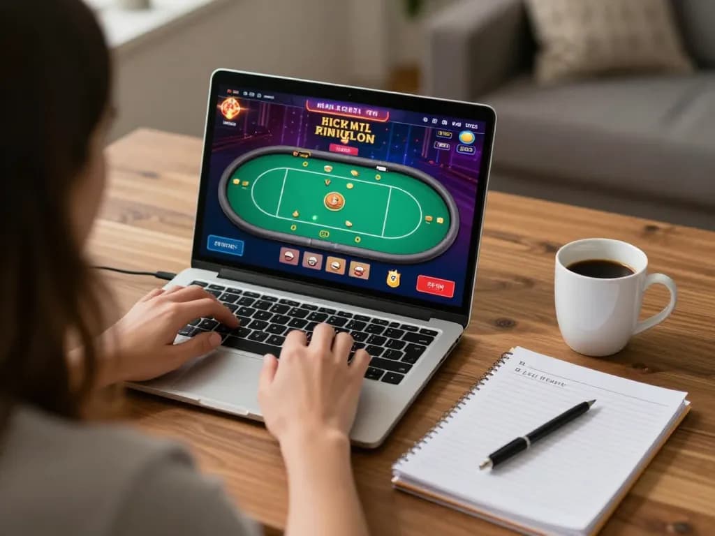 Engaging in poker gameplay at home using 789bet online casino platform with strategy notes.