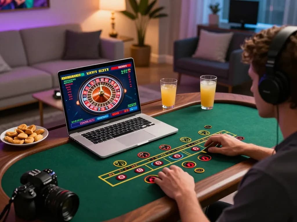 Live dealer roulette game on a laptop screen, player focusing on 88aa excitement at home.