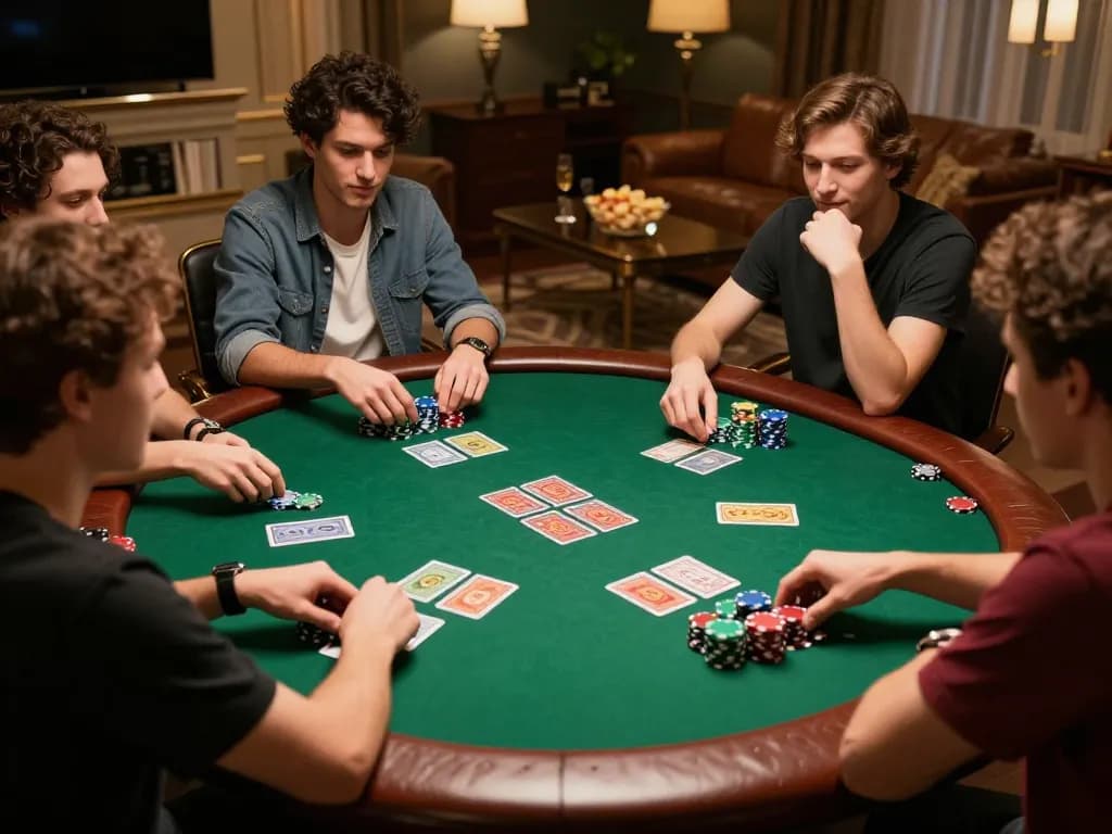 Friends enjoying an engaging poker night at home while using okking strategies to win