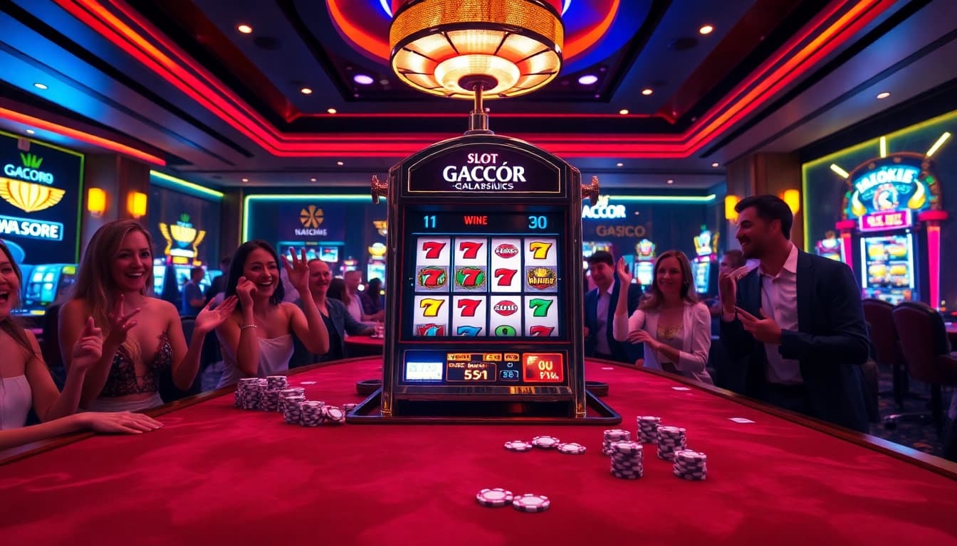 Experience the excitement of Slot Gacor with players celebrating wins at a vibrant casino.
