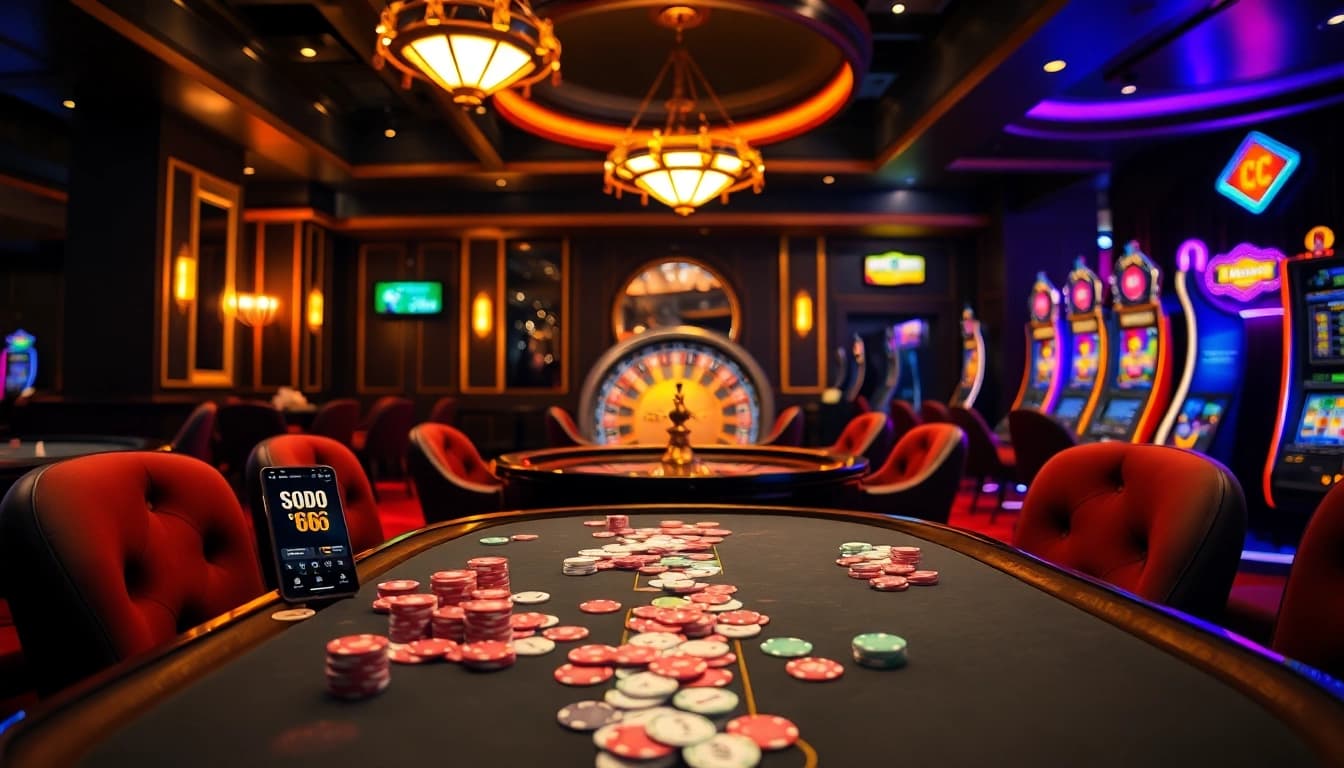 SODO66 showcases an exciting casino scene with poker and slot machines, inviting online players.