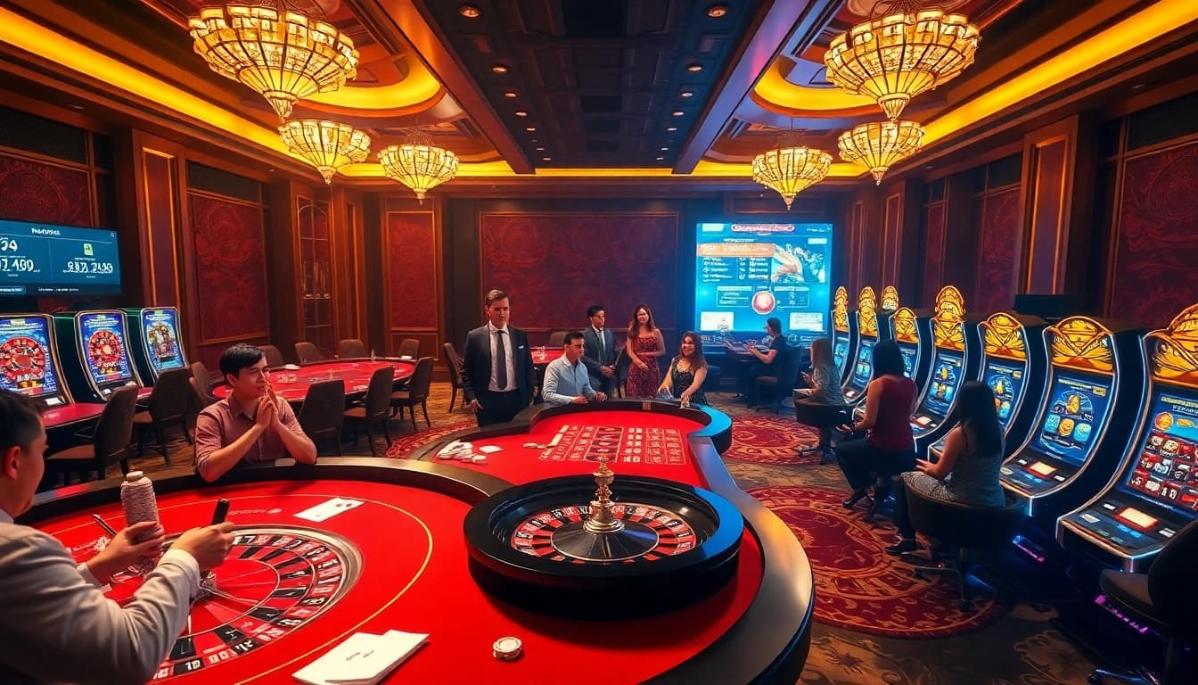 Exciting 123win casino scene with players enjoying a vibrant gambling experience.