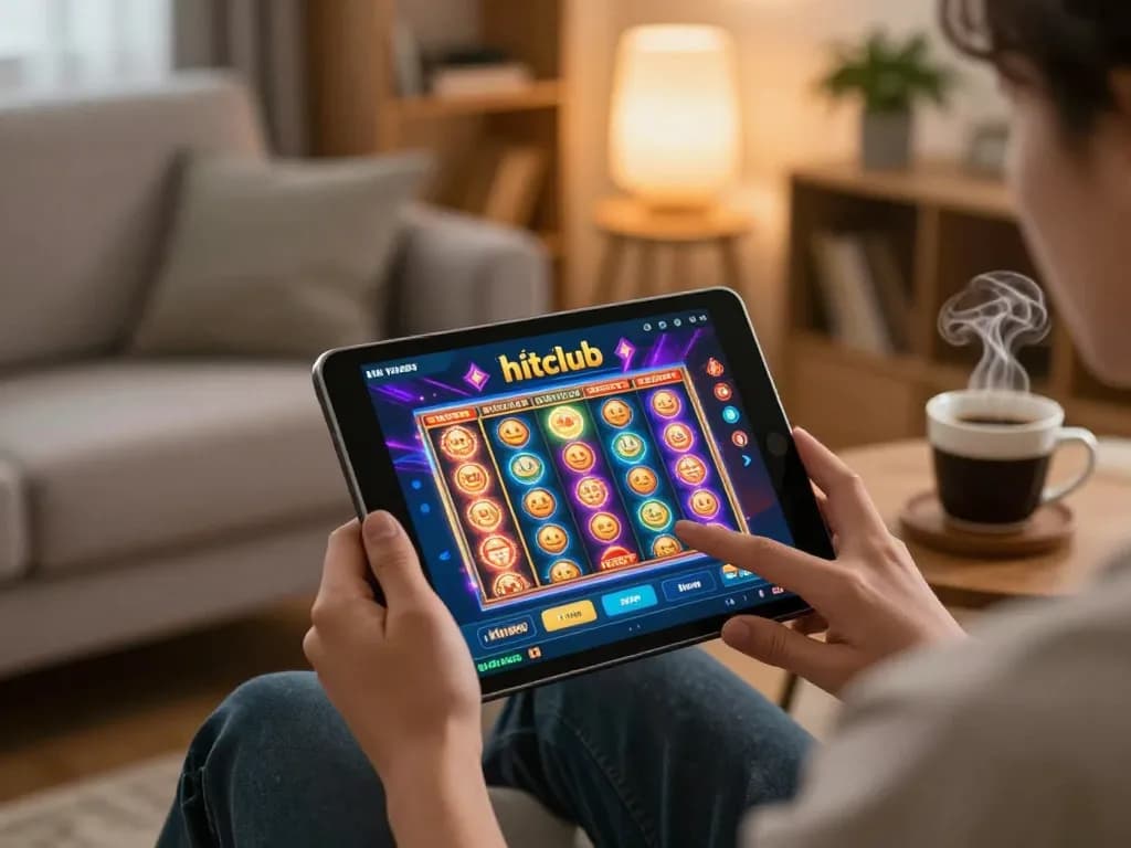 Engage in tải hitclub with exciting online gaming on a tablet, surrounded by a cozy home atmosphere.