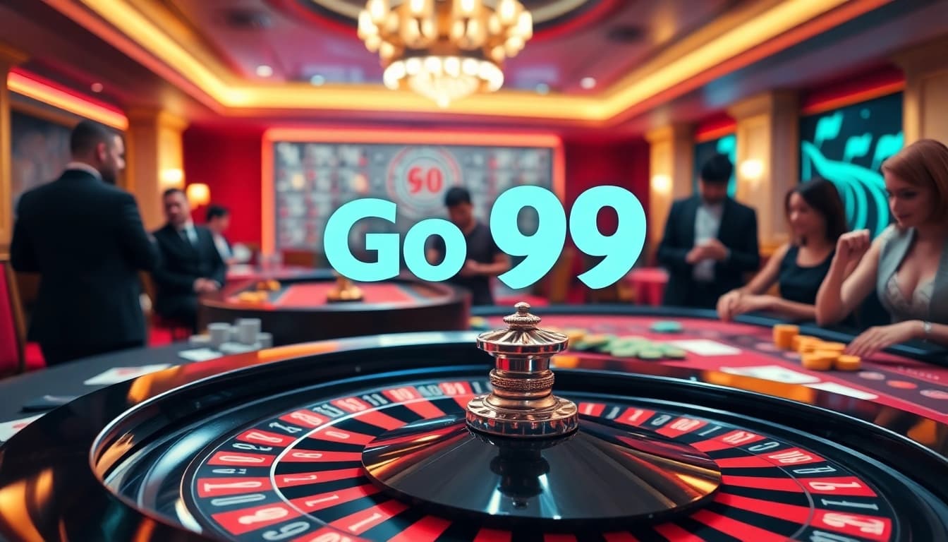 Players enjoying a thrilling game at Go 99 casino table with vibrant chips and cards.