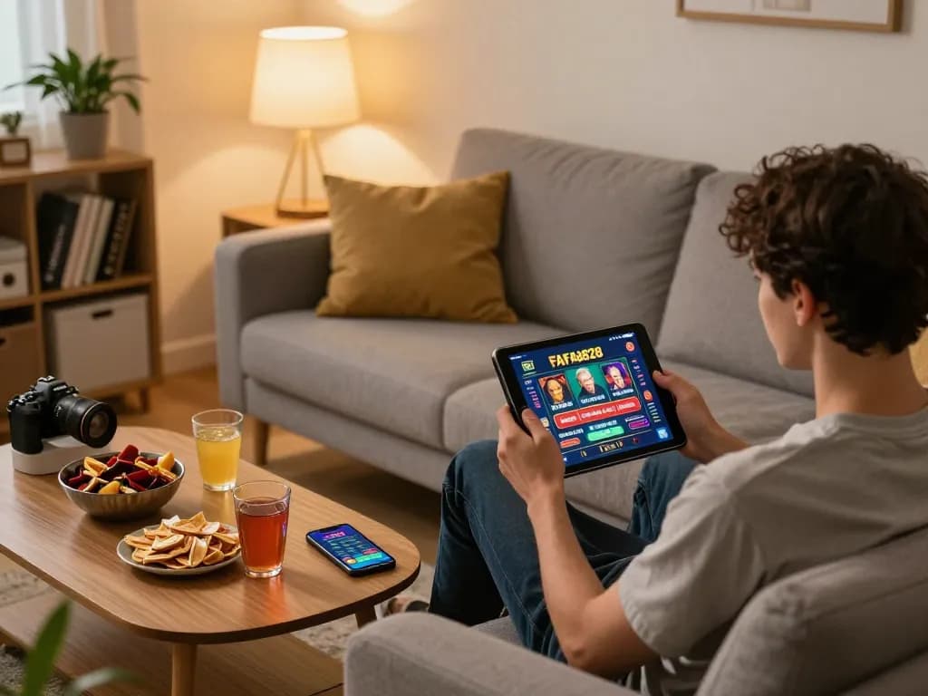 Person enjoying FAFA828 online casino gaming on tablet in a cozy home setup.