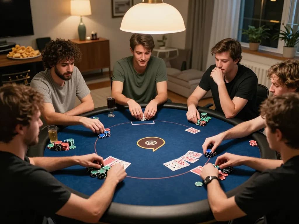 JUARA88 players enjoying a competitive home poker game with colorful chips and cards displayed