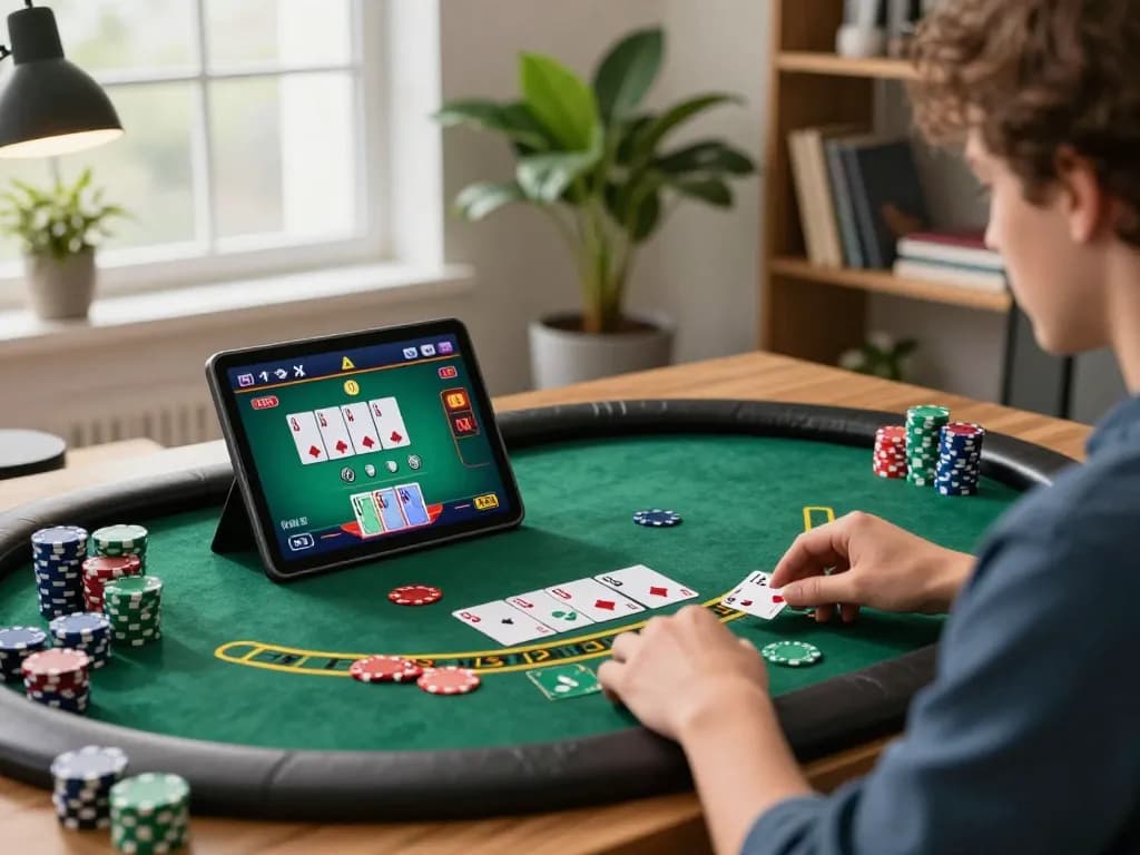 Player enjoying a lively SC88 blackjack game on a tablet in a cozy home setting, emphasizing strategic gameplay.