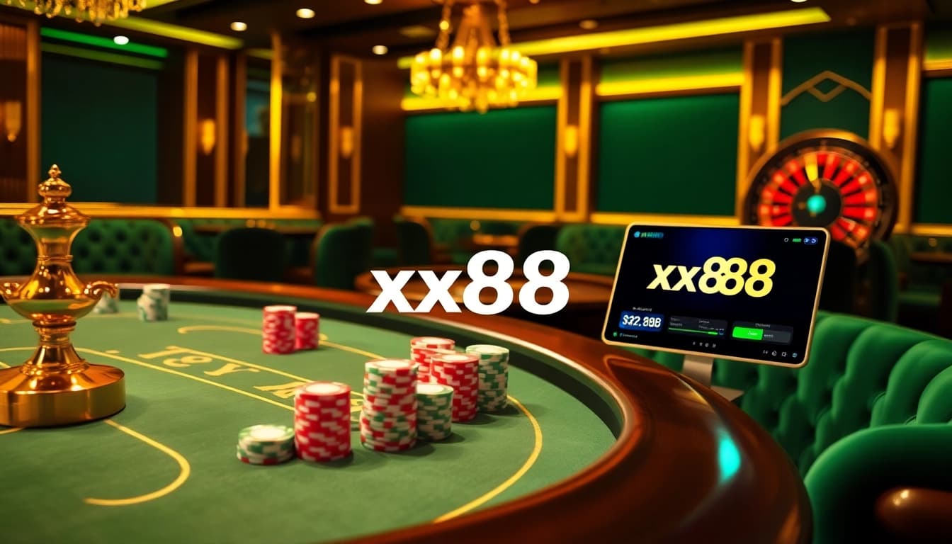 Experience high-stakes action at xx88 casino with vibrant poker chips and roulette excitement.