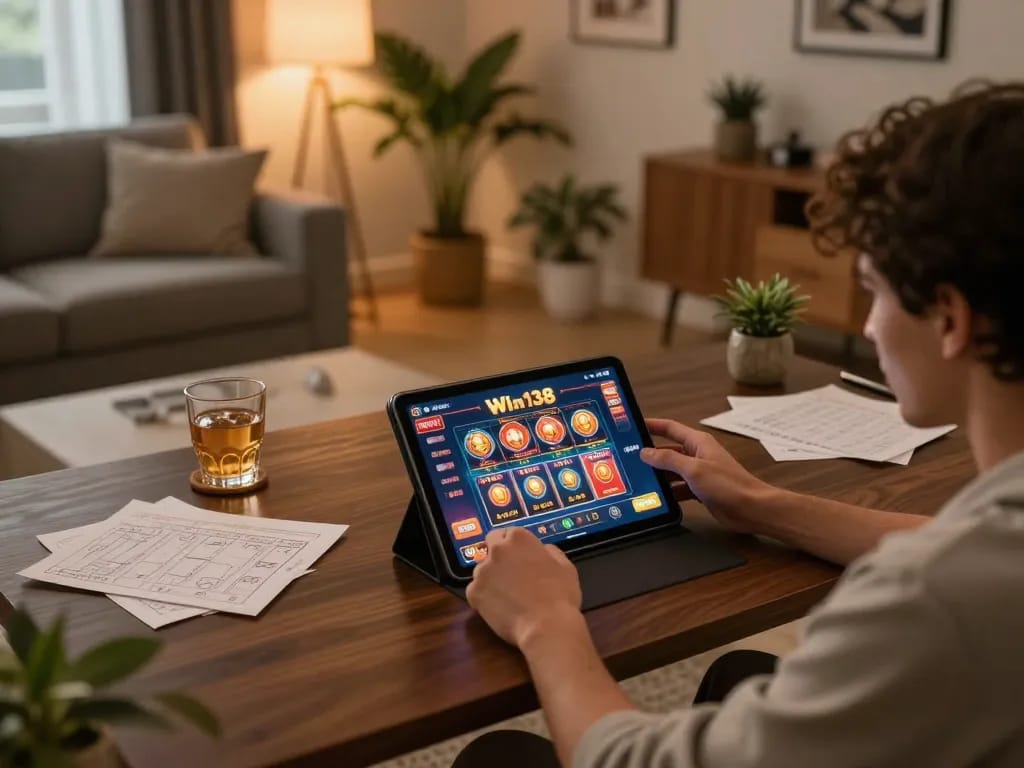 Engaging in Win138 online gaming with a tablet in an inviting home setting.
