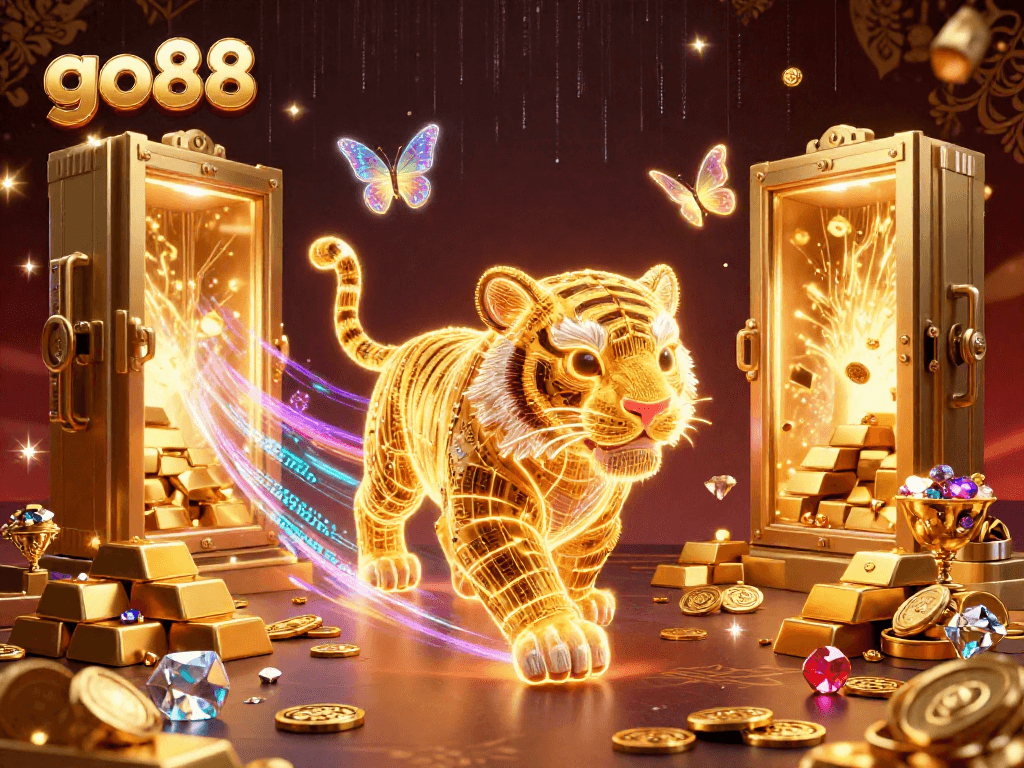 Experience the allure of go88 as a golden tiger leads a vibrant casino landscape filled with treasures.