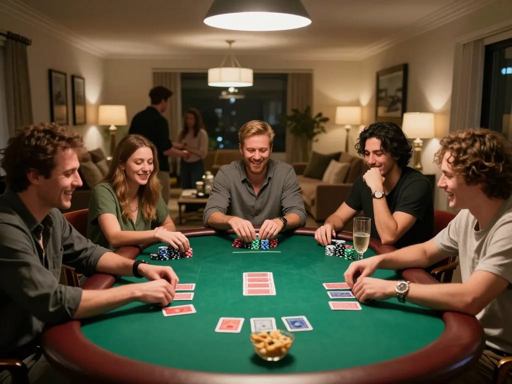 Players engaged in a vibrant home poker game, showcasing enhanced gaming experience at https://mk8th.net/ with fun competitive spirit.