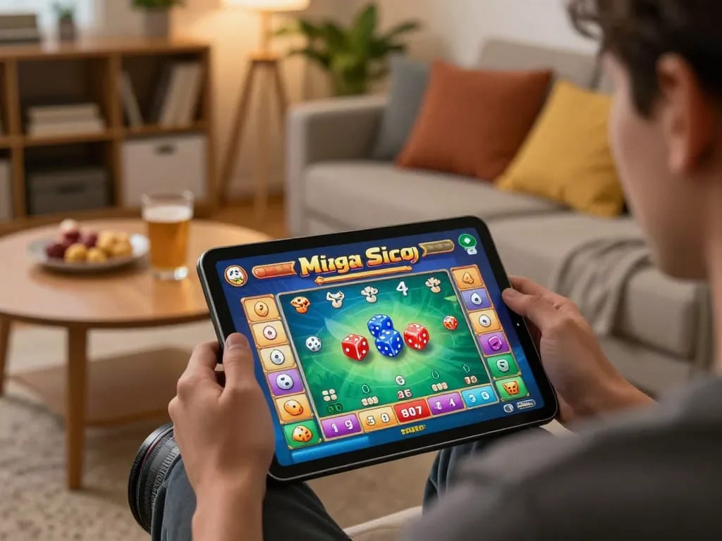 Playing Mega Sicbo on a tablet in a cozy home setting, vibrant game interface visible