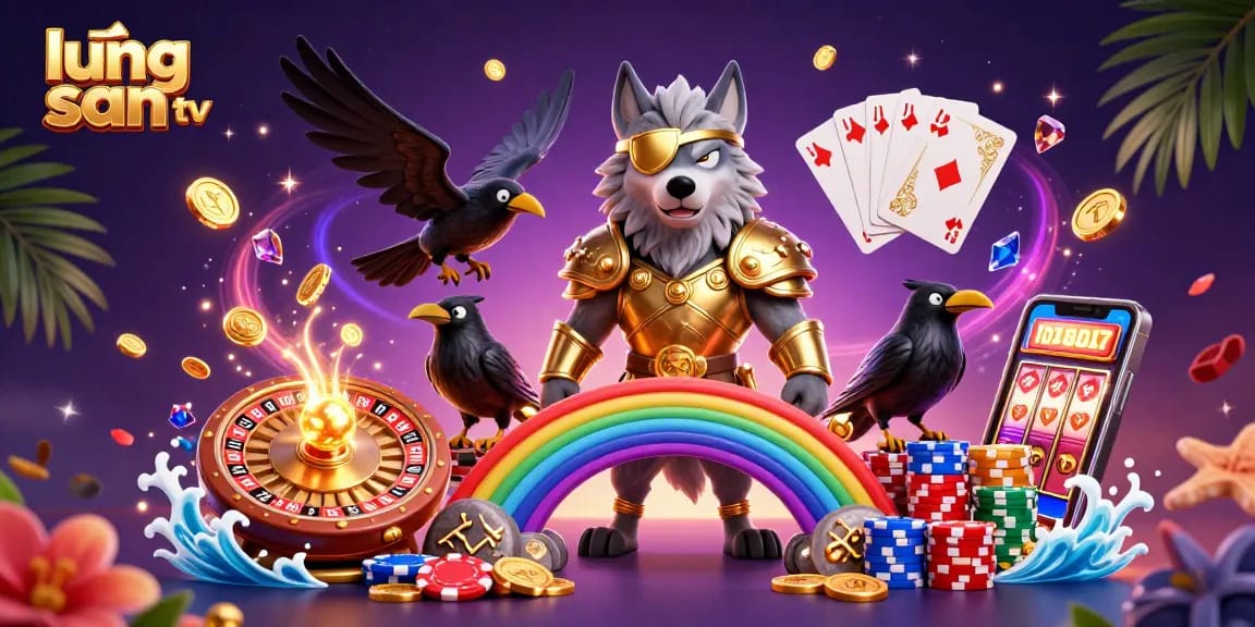 Experience the excitement of lương sơn tv with thrilling gambling elements like casino chips, golden coins, and vibrant characters.