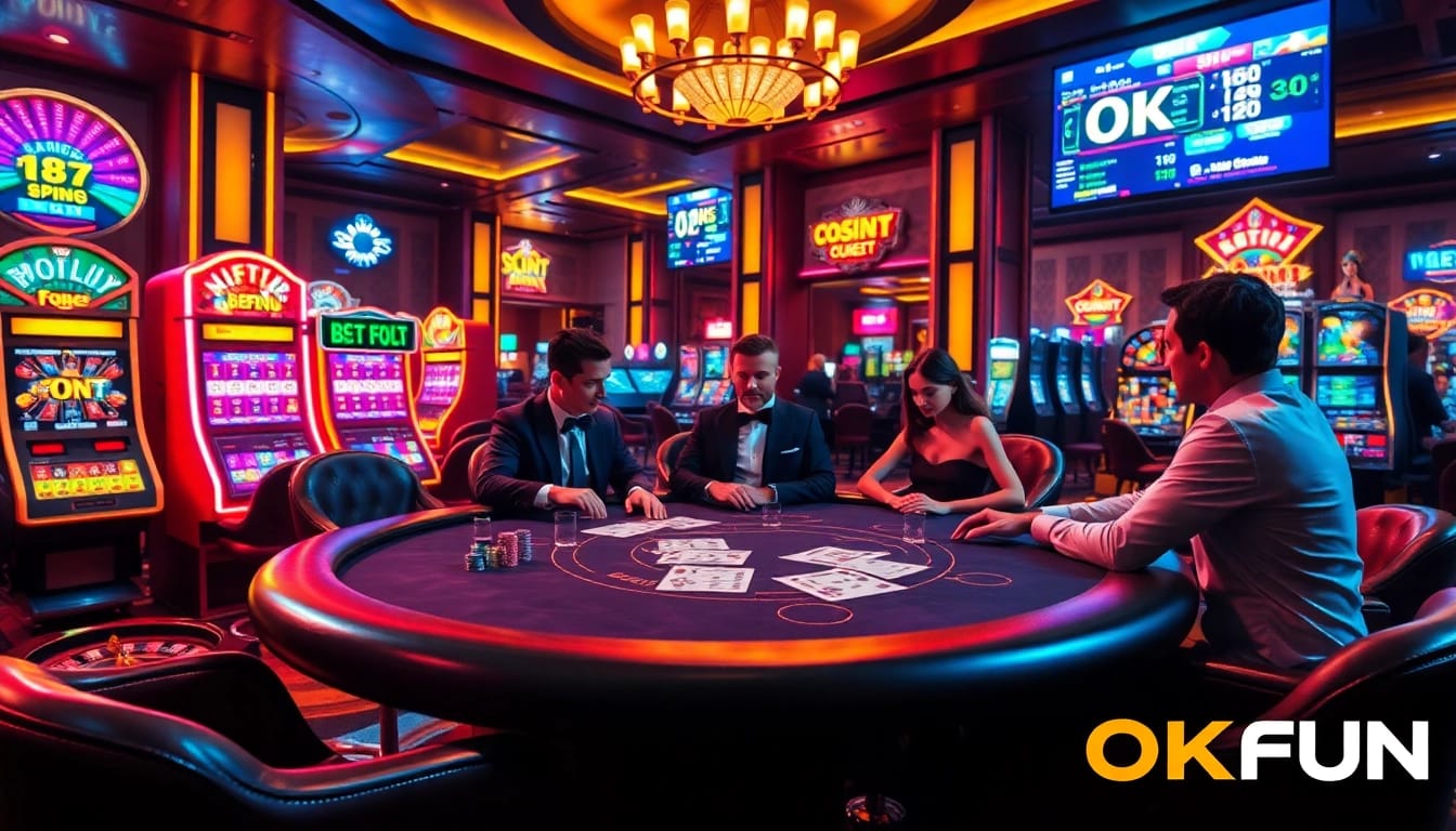 Engaging poker game at OKFUN casino with luxurious atmosphere and vibrant betting elements.