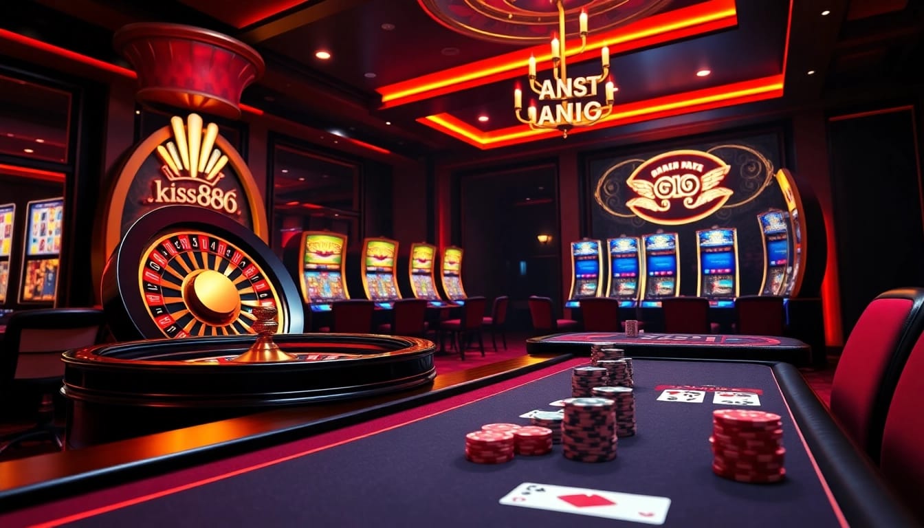 Kiss888 online gaming experience featuring elegant casino tables and exciting slot machines.
