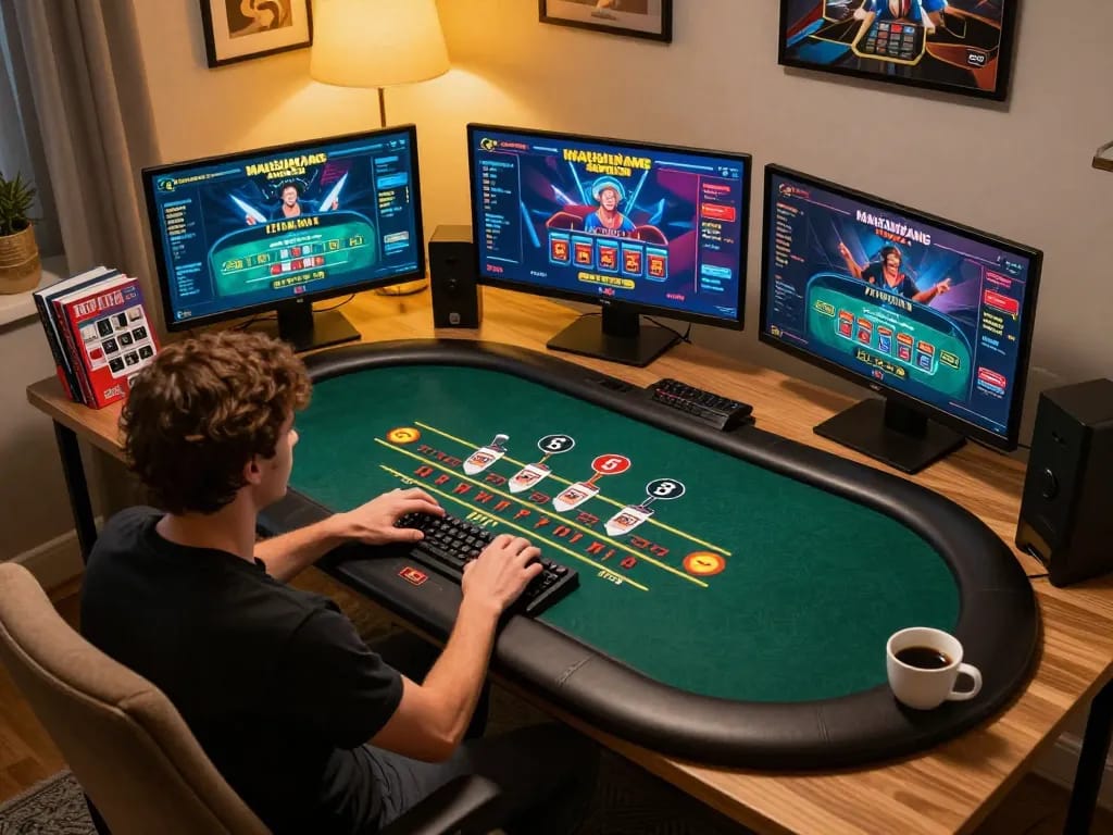 tt88 nohu player engaged in live dealer blackjack game on multiple screens in a cozy home setup.