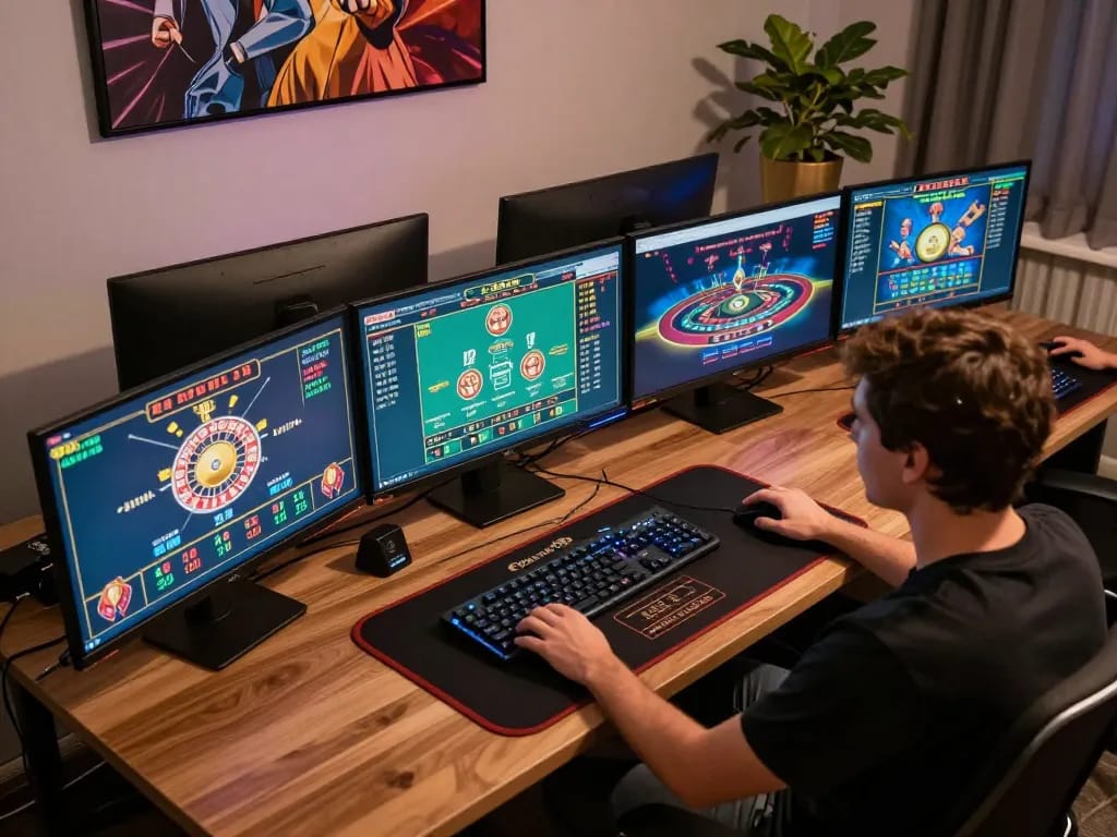 Engaging gameplay session at Upintogel online casino with multiple live games displayed on screens.