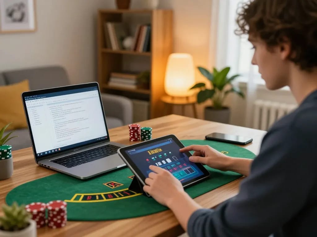 VIN88 player engaging in live dealer blackjack at home, showcasing responsible gaming and excitement.