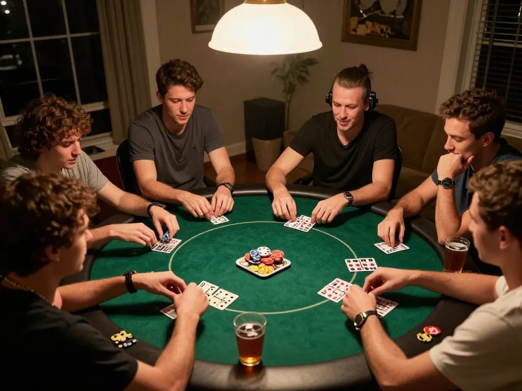 Friends enjoying an exciting game of domino88 poker around a lively home table with cards and snacks.