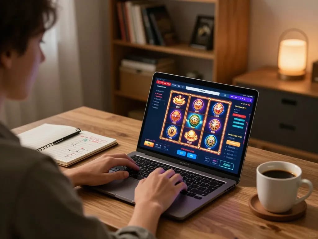 Enjoying lively casino sider with exciting slot games on a laptop in a warm home ambiance.
