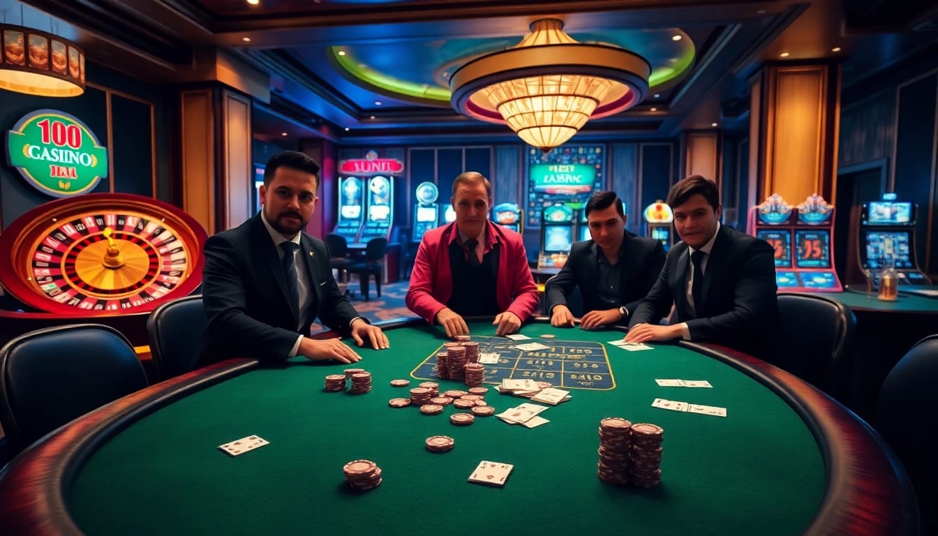 Engaging players at a luxurious casino table featuring promotions from https://kkwinzz.com/ with poker chips and slots.