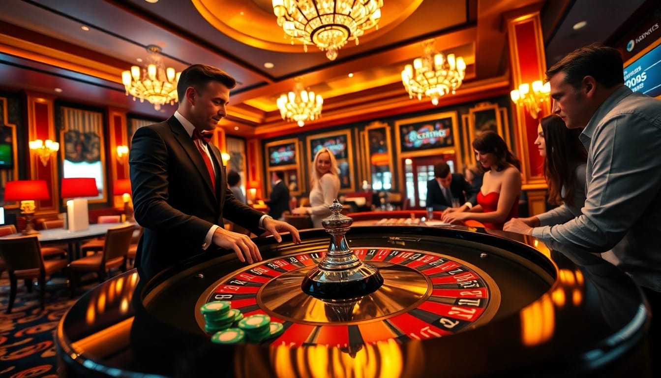 Engaging casino scene showcasing AT99娛樂 in a lively roulette game with players and a croupier.
