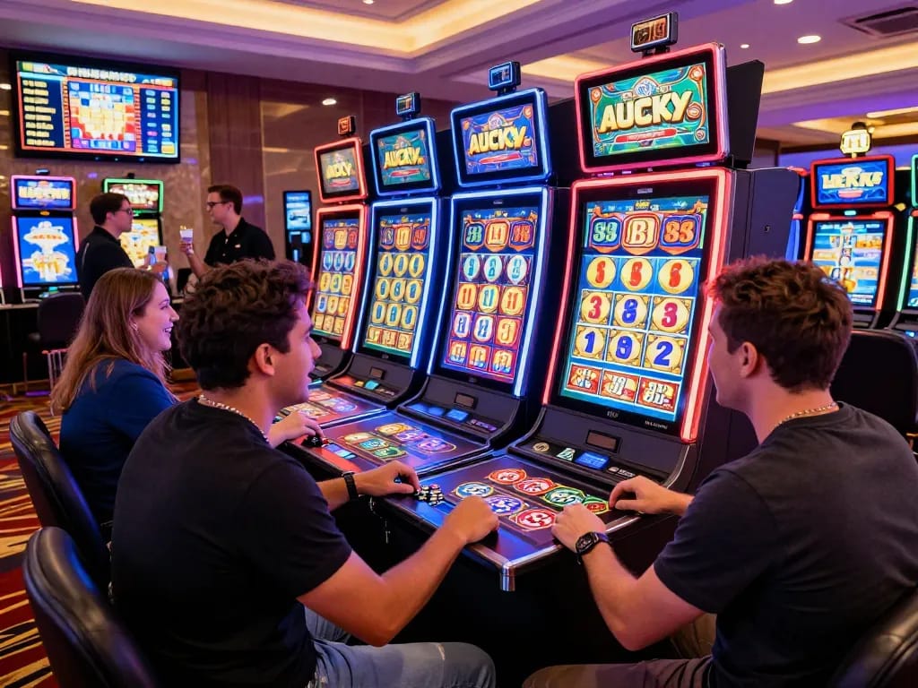 Excited players experiencing the Lucky 88 slot machine in a vibrant casino setting.
