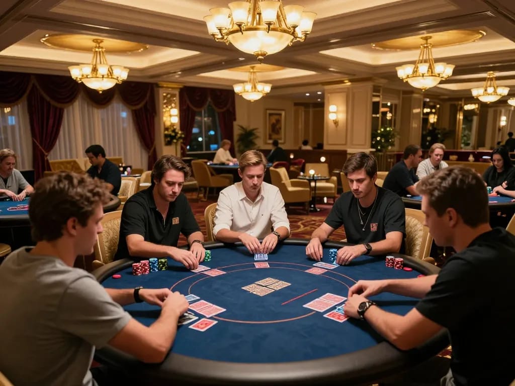 Players engaged at the VIP poker table in 100VIP casino under warm ambient lighting, showcasing high-stakes action