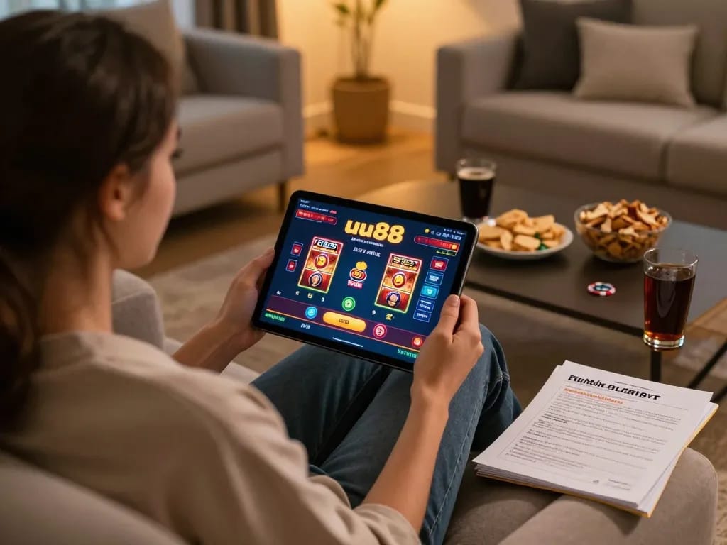 Engaging in poker and slots on the uu88 casino app from a cozy living room.