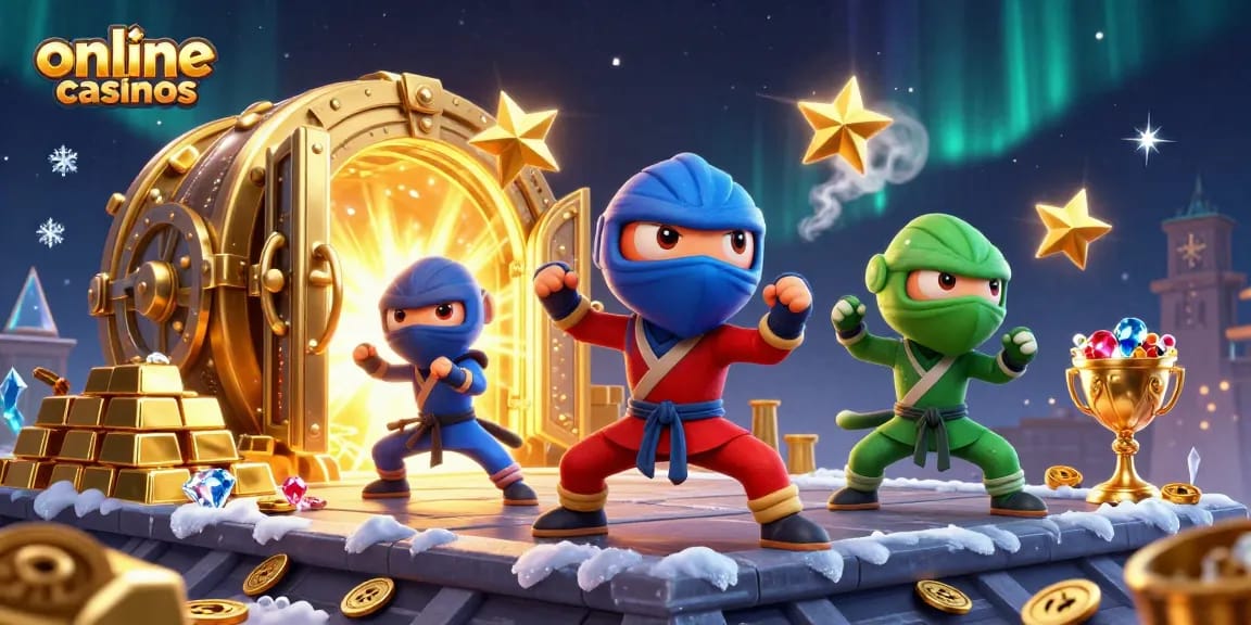 Experience exhilarating online casinos as ninja chameleons showcase synchronized poses amidst treasures and vibrant gems.