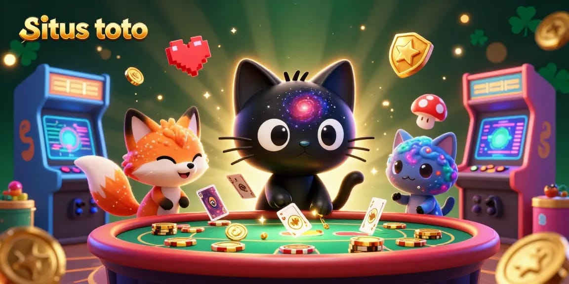 Situs toto showcases vibrant cosmic casino elements with a cartoon black hole cat and nebula fox.