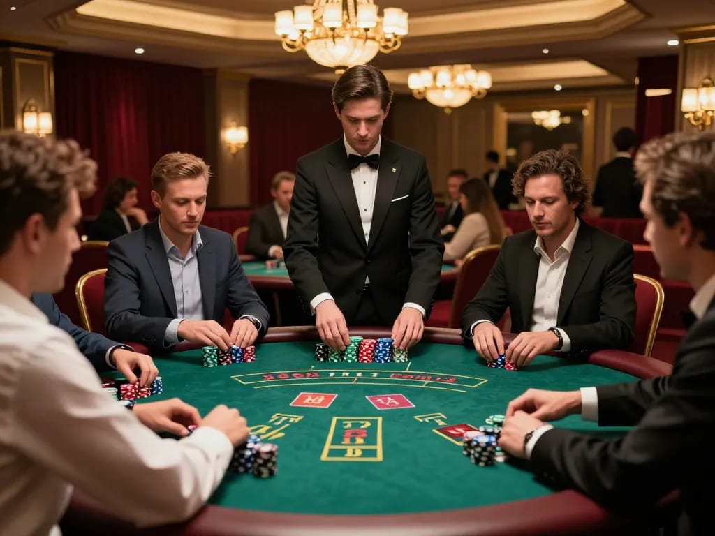 Pemain yang merancang strategi di meja blackjack BIOSKOP69 di tengah suasana kasino yang elegan.