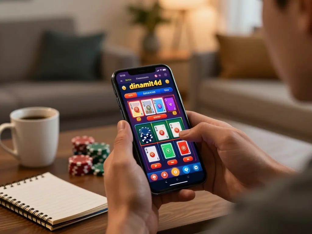 Engaging online gaming session on the dinamit4d app from a cozy living room, showcasing active bets.