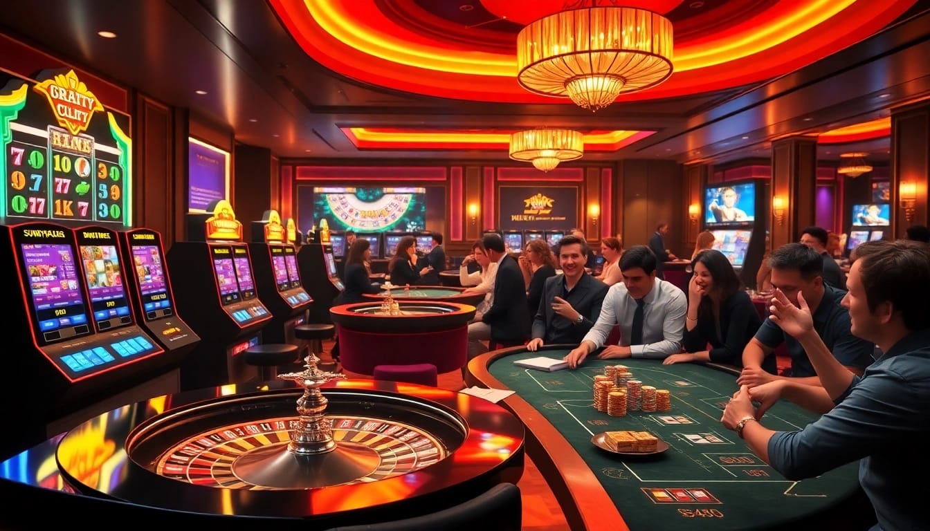 Engaging online gambling scene at https://98win3h.io/ featuring vibrant slot machines and poker tables.