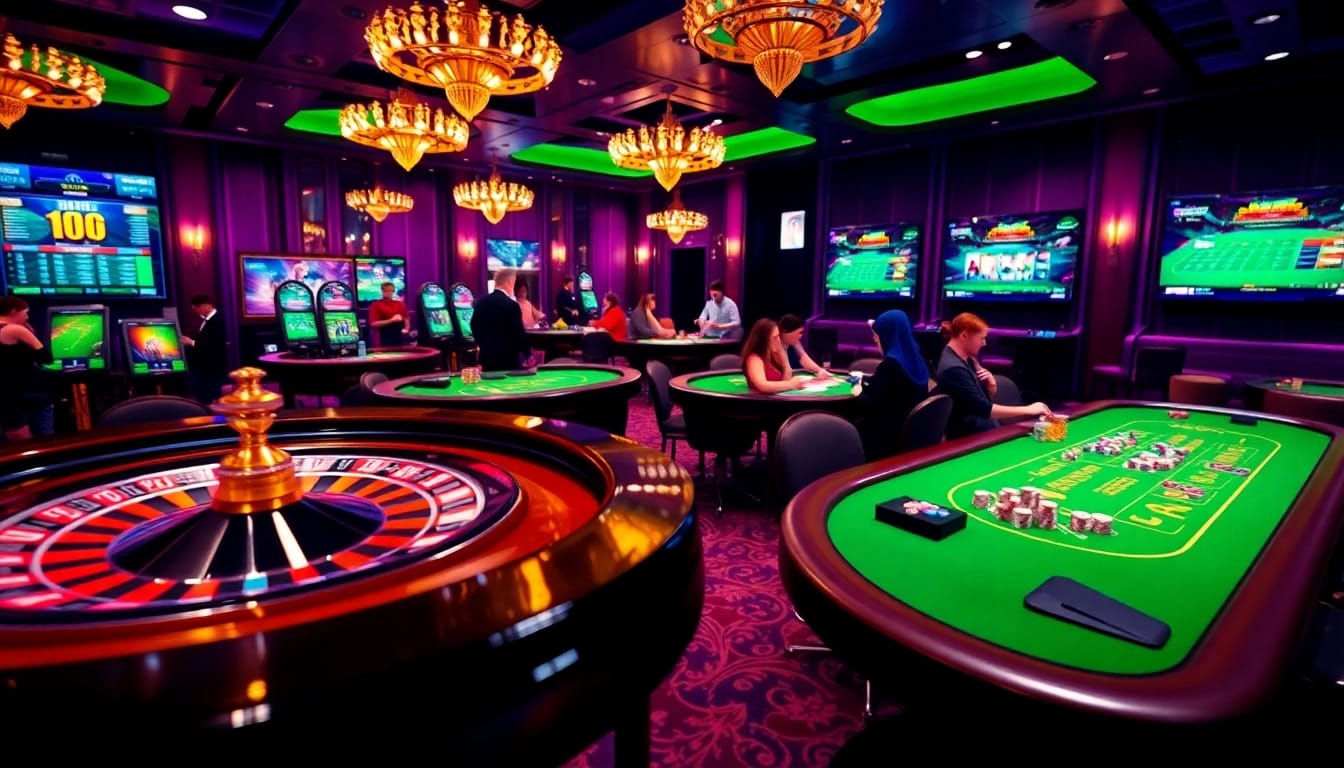 Engaging players at a luxury casino table representing https://thabet1.net/ showcasing vibrant poker chips and roulette.