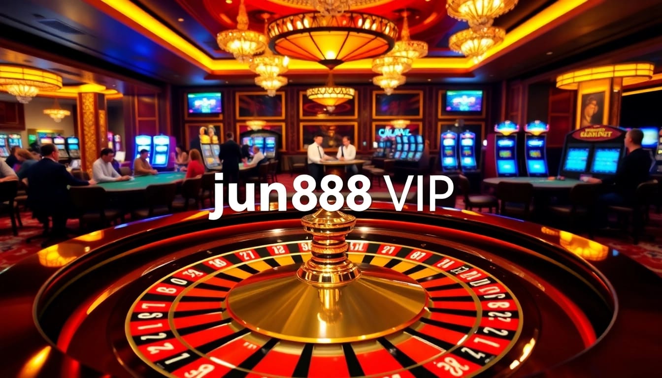 Experience exclusive gameplay at jun88 vip with a glamorous casino setting featuring roulette and poker tables.
