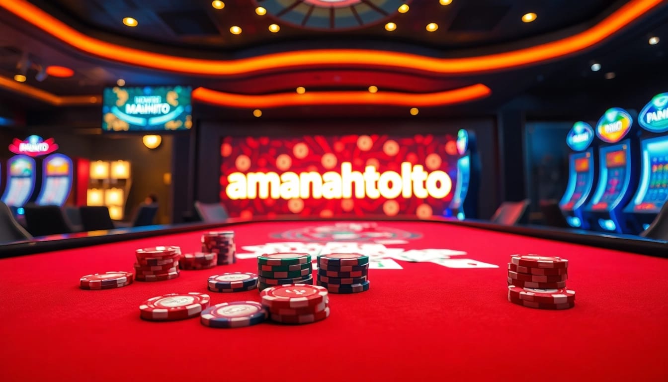 Experience the thrilling atmosphere of amanahtoto with vibrant gaming visuals, showcasing a luxurious casino setup.