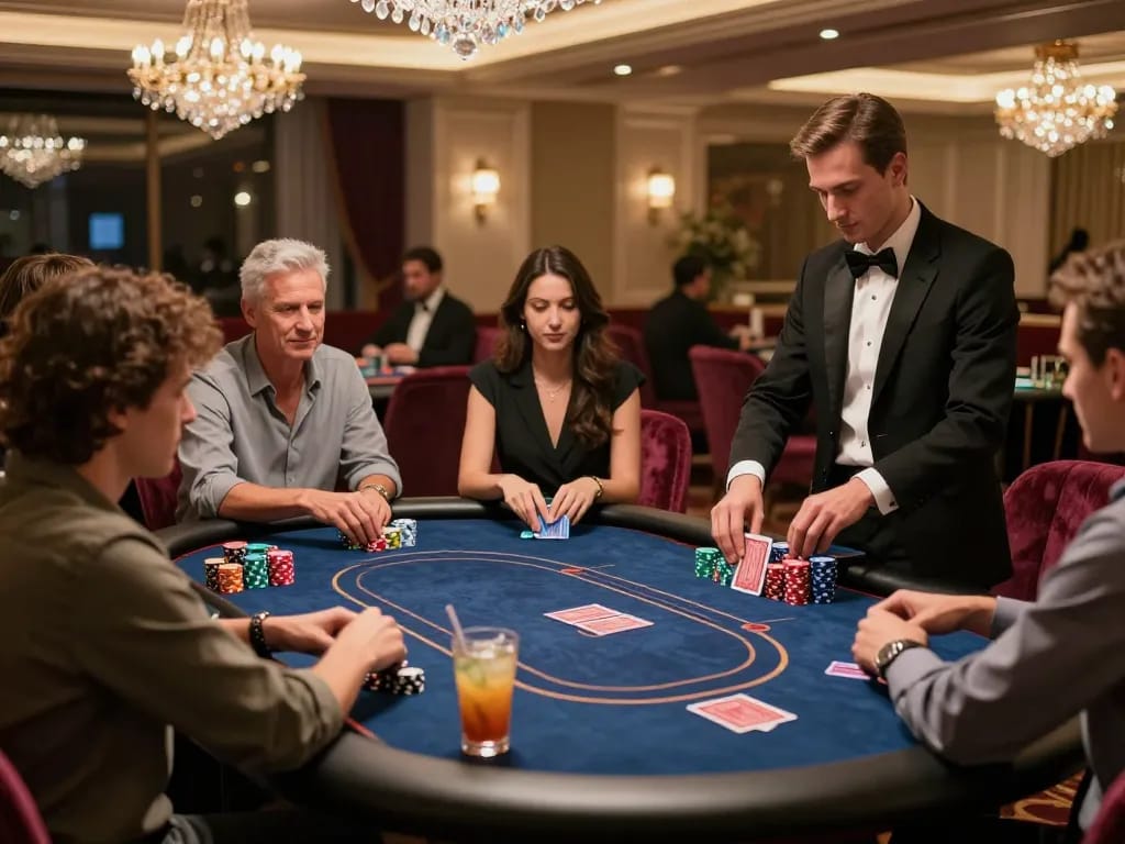 Players strategizing at MB66's exclusive poker table in a luxurious casino environment.