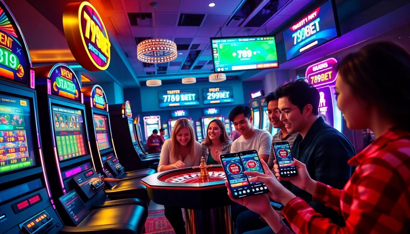 Engaging scene of friends enjoying online gambling at 789bet casino, showcasing excitement and vibrant games.