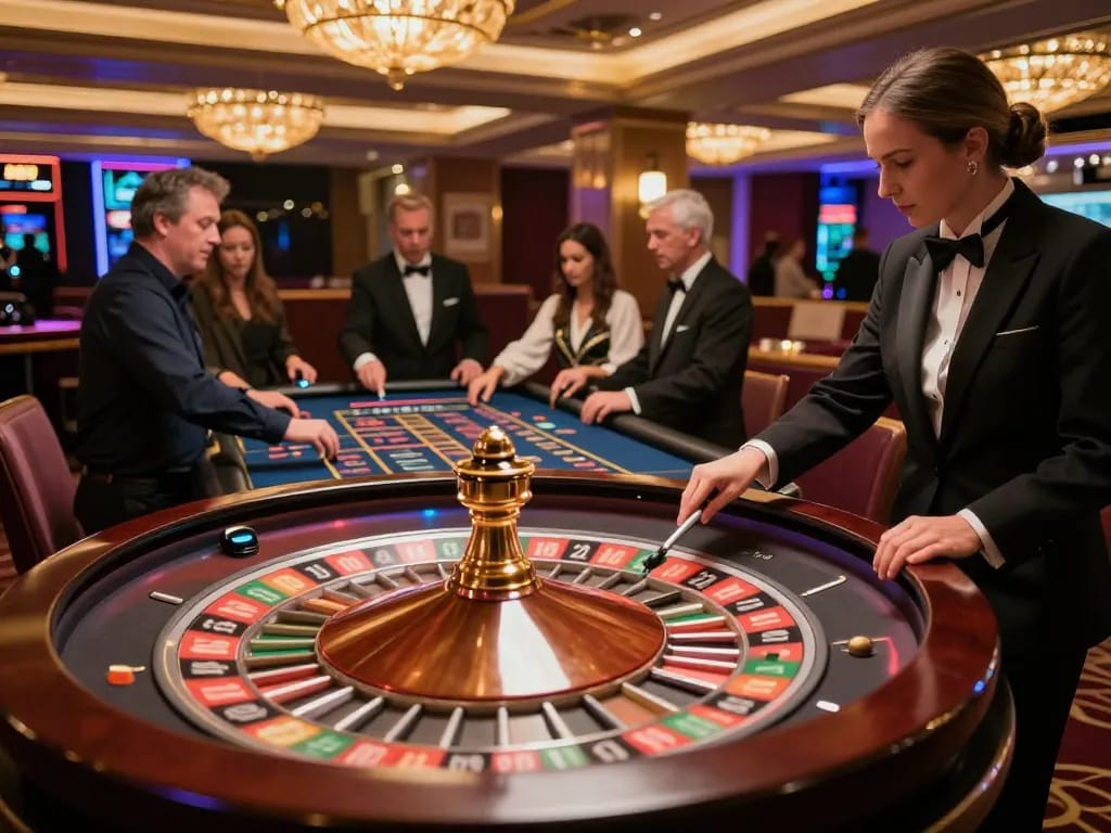 RR88 players engaging in dynamic roulette betting session at a luxurious casino table