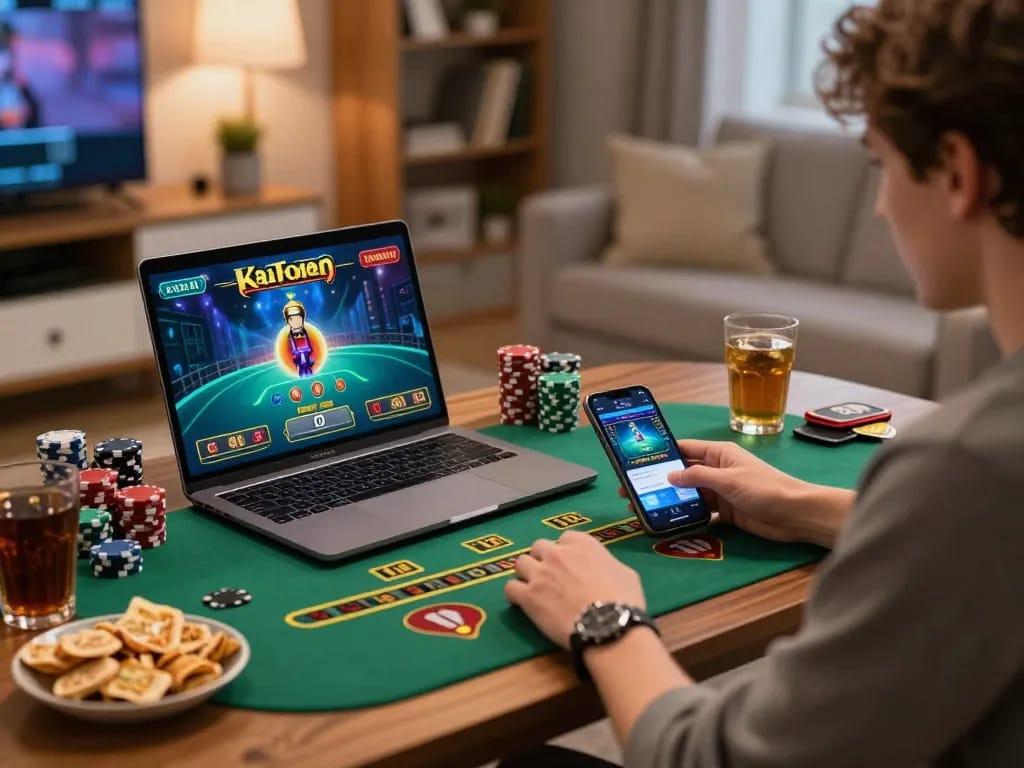 F8BET player enjoying live dealer game on laptop at home, showcasing modern online gambling atmosphere.